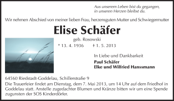 Traueranzeige von Elise Schäfer von Echo-Zeitungen (Gesamtausgabe)