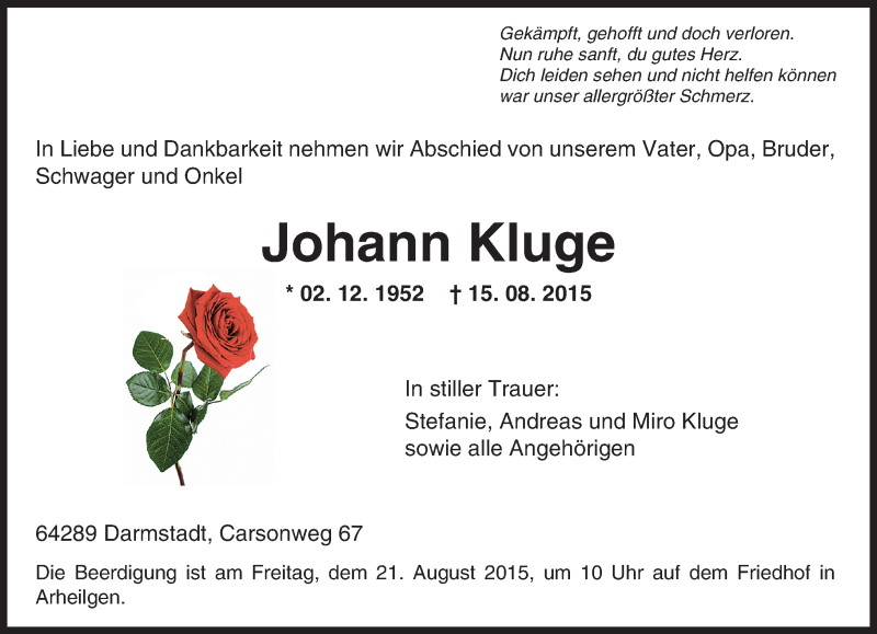  Traueranzeige für Johann Kluge vom 19.08.2015 aus trauer.echo-online.de