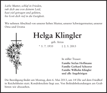 Traueranzeige von Helga Klingler von Odenwälder Echo