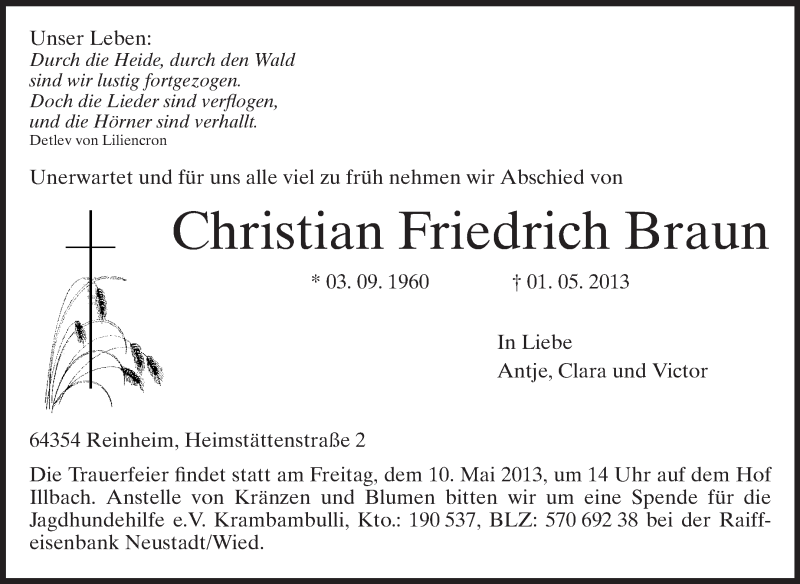 Traueranzeige für Christian Friedrich Braun vom 04.05.2013 aus Echo-Zeitungen (Gesamtausgabe)