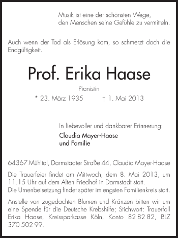 Traueranzeige von Erika Haase von Echo-Zeitungen (Gesamtausgabe)