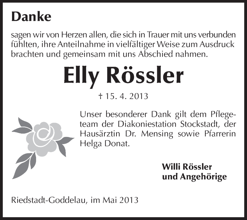  Traueranzeige für Elly Rössler vom 04.05.2013 aus Rüsselsheimer Echo, Groß-Gerauer-Echo, Ried Echo