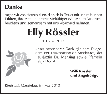 Traueranzeige von Elly Rössler von Rüsselsheimer Echo, Groß-Gerauer-Echo, Ried Echo