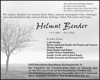 Traueranzeige von Helmut Bender von Rüsselsheimer Echo, Groß-Gerauer-Echo, Ried Echo
