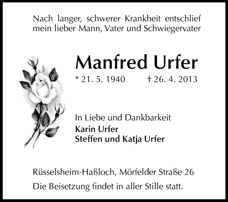  Traueranzeige für Manfred Urfer vom 04.05.2013 aus Rüsselsheimer Echo, Groß-Gerauer-Echo, Ried Echo