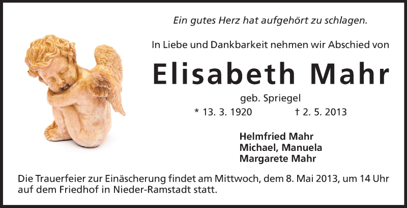  Traueranzeige für Elisabeth Mahr vom 04.05.2013 aus Echo-Zeitungen (Gesamtausgabe)