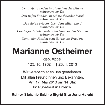 Traueranzeige von Marianne Ostheimer von Echo-Zeitungen (Gesamtausgabe)