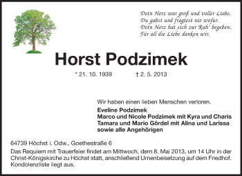 Traueranzeige von Horst Podzimek von Odenwälder Echo