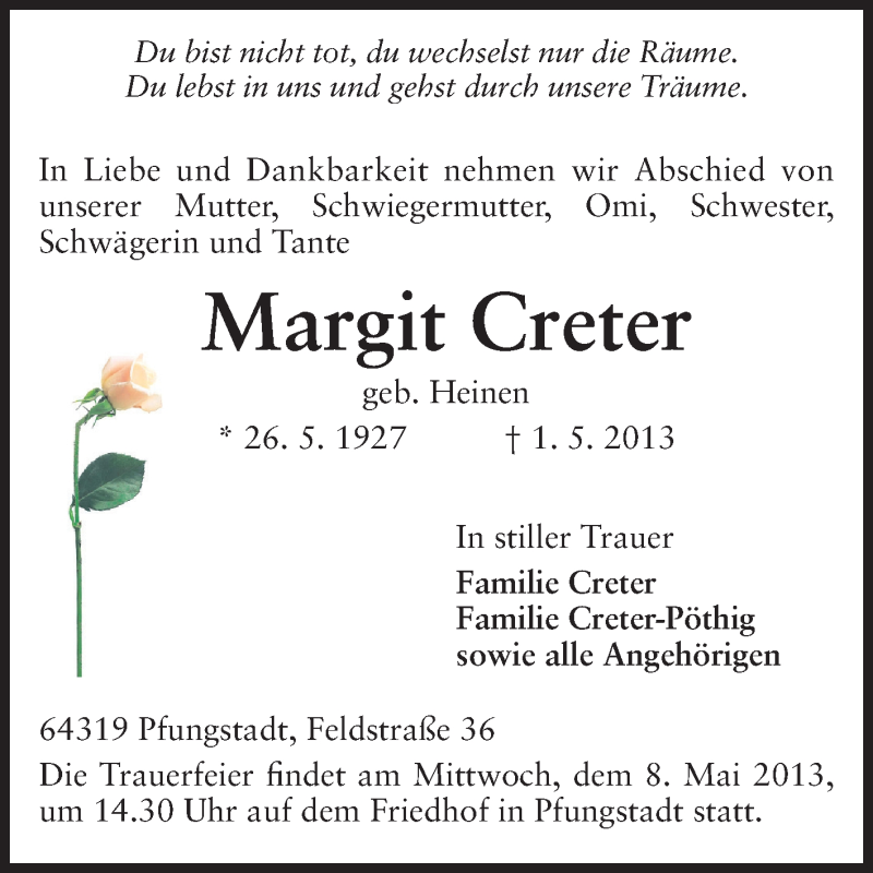  Traueranzeige für Margit Creter vom 06.05.2013 aus Echo-Zeitungen (Gesamtausgabe)