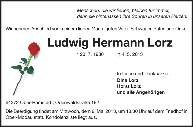  Traueranzeige für Ludwig Hermann Lorz vom 06.05.2013 aus Darmstädter Echo, Odenwälder Echo, Rüsselsheimer Echo, Groß-Gerauer-Echo, Ried Echo