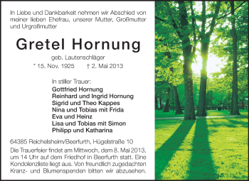 Traueranzeige von Gretel Hornung von Odenwälder Echo