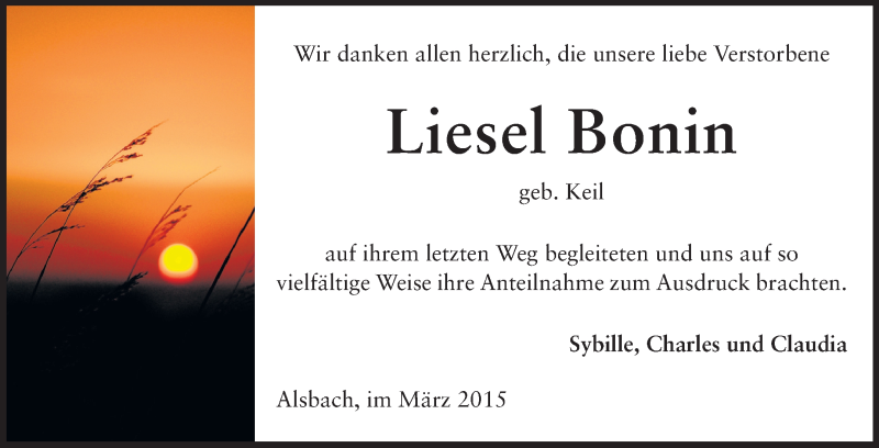  Traueranzeige für Liesel Bonin vom 28.03.2015 aus Echo-Zeitungen (Gesamtausgabe)