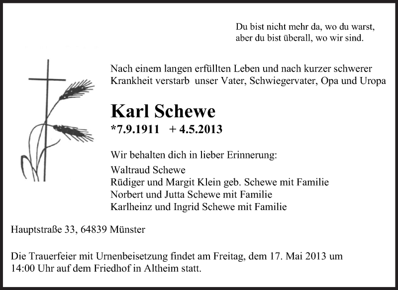  Traueranzeige für Karl Schewe vom 11.05.2013 aus Echo-Zeitungen (Gesamtausgabe)