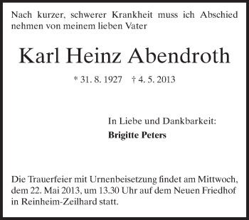 Traueranzeige von Karl Heinz Abendroth von Echo-Zeitungen (Gesamtausgabe)