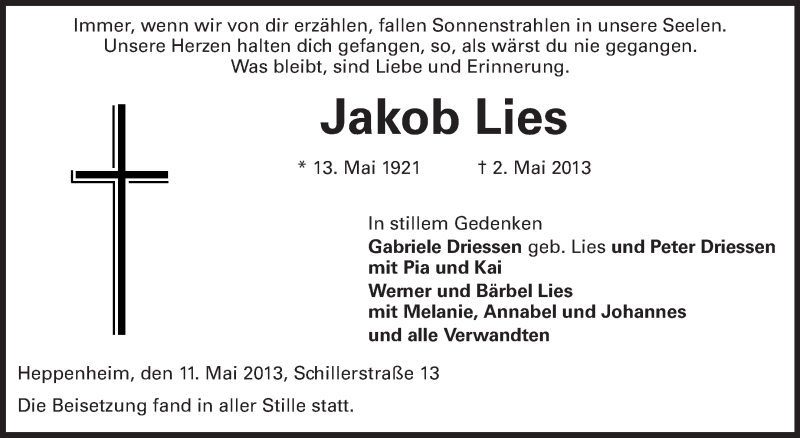  Traueranzeige für Jakob Lies vom 11.05.2013 aus Starkenburger Echo
