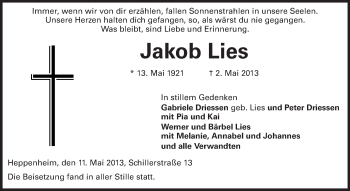 Traueranzeige von Jakob Lies von Starkenburger Echo