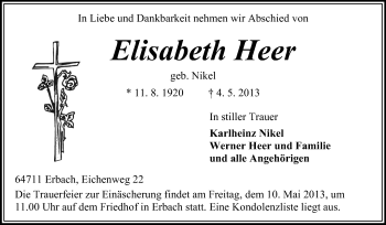 Traueranzeige von Elisabeth Heer von Odenwälder Echo