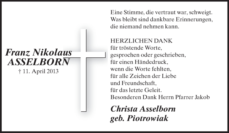  Traueranzeige für Franz Nikolaus Asselborn vom 11.05.2013 aus Echo-Zeitungen (Gesamtausgabe)