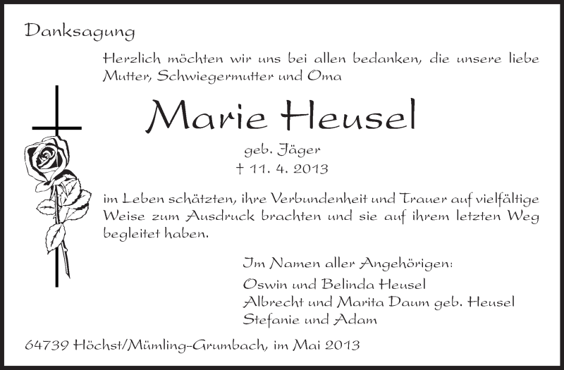  Traueranzeige für Marie Heusel vom 10.05.2013 aus Odenwälder Echo