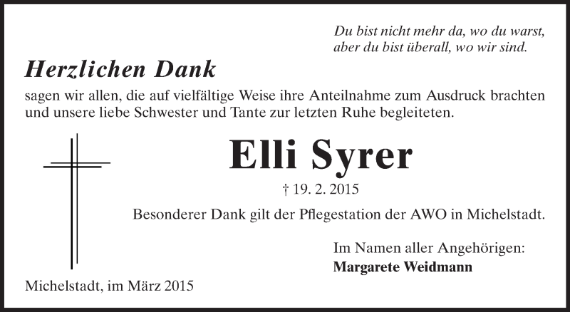  Traueranzeige für Elli Syrer vom 03.03.2015 aus Odenwälder Echo