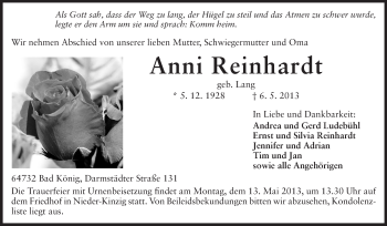 Traueranzeige von Anni Reinhardt von Odenwälder Echo