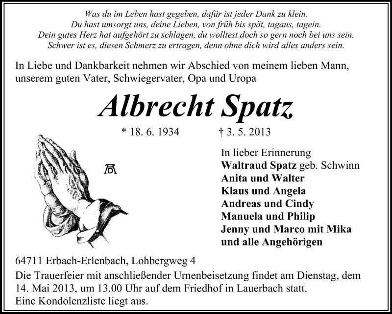  Traueranzeige für Albrecht Spatz vom 10.05.2013 aus Odenwälder Echo