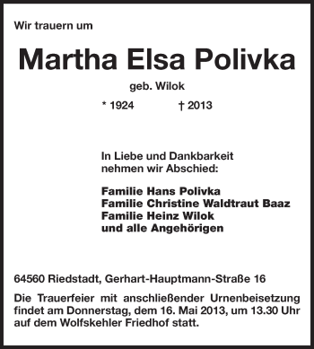 Traueranzeige von Martha Elsa Polivka von Rüsselsheimer Echo, Groß-Gerauer-Echo, Ried Echo