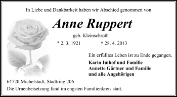 Traueranzeige von Anne Ruppert von Odenwälder Echo
