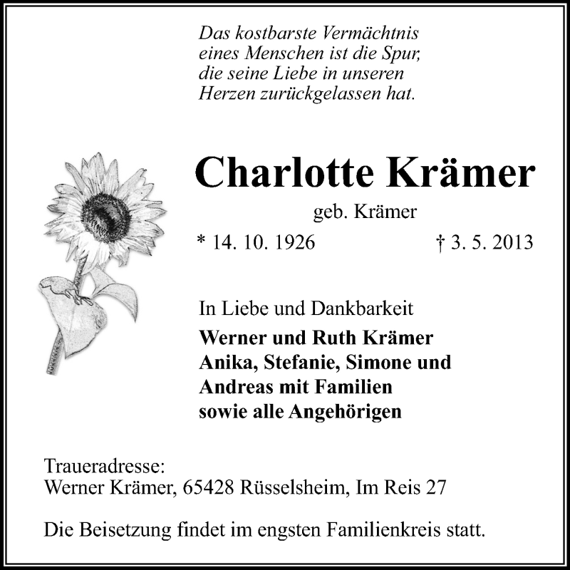  Traueranzeige für Charlotte Krämer vom 11.05.2013 aus Rüsselsheimer Echo, Groß-Gerauer-Echo, Ried Echo