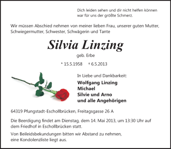 Traueranzeige von Silvia Linzing von Echo-Zeitungen (Gesamtausgabe)