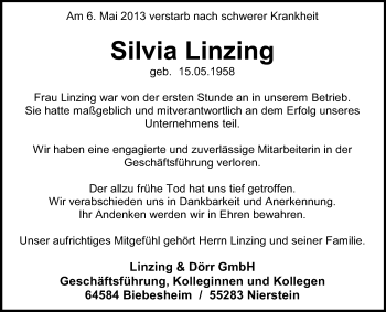 Traueranzeige von Silvia Linzing von Echo-Zeitungen (Gesamtausgabe)