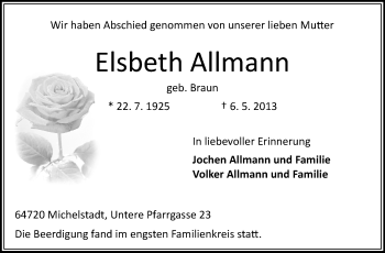 Traueranzeige von Elsbeth Allmann von Odenwälder Echo