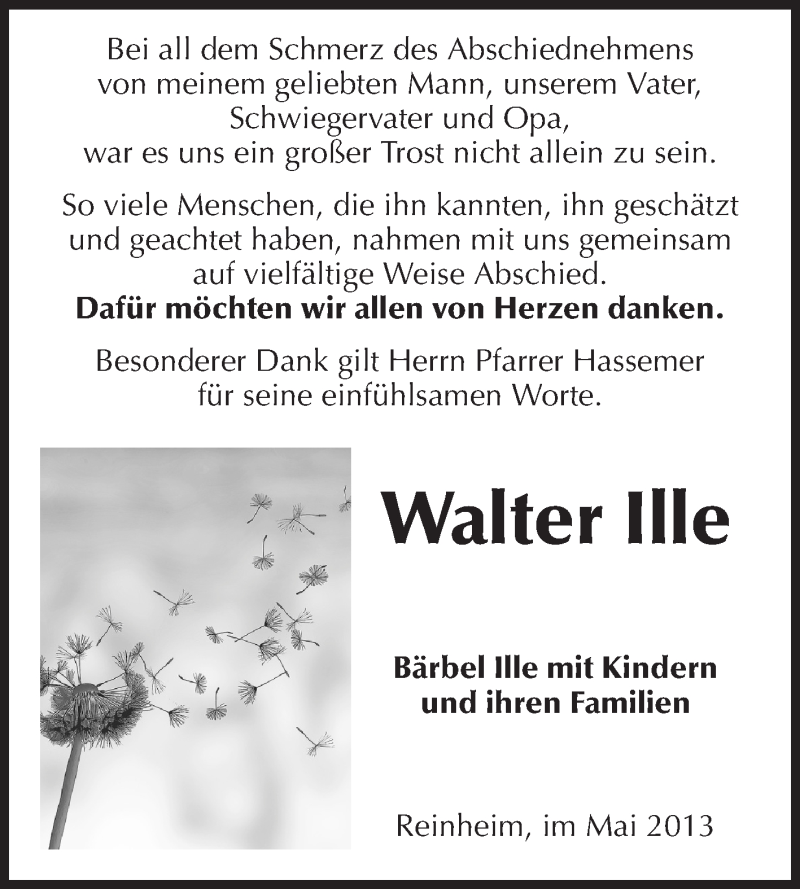  Traueranzeige für Walter Ille vom 11.05.2013 aus Echo-Zeitungen (Gesamtausgabe)