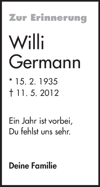 Traueranzeige von Willi Germann von Odenwälder Echo