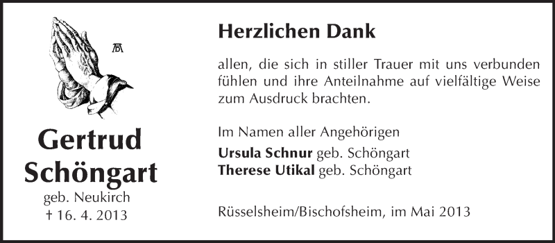 Traueranzeige für Gertrud Schöngart vom 11.05.2013 aus Rüsselsheimer Echo, Groß-Gerauer-Echo, Ried Echo