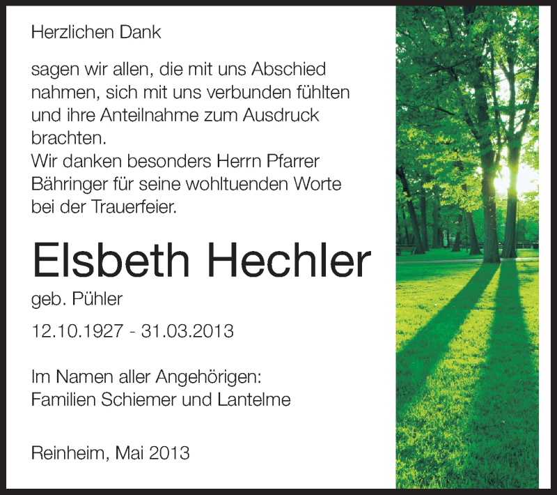  Traueranzeige für Elsbeth Hechler vom 11.05.2013 aus Echo-Zeitungen (Gesamtausgabe)