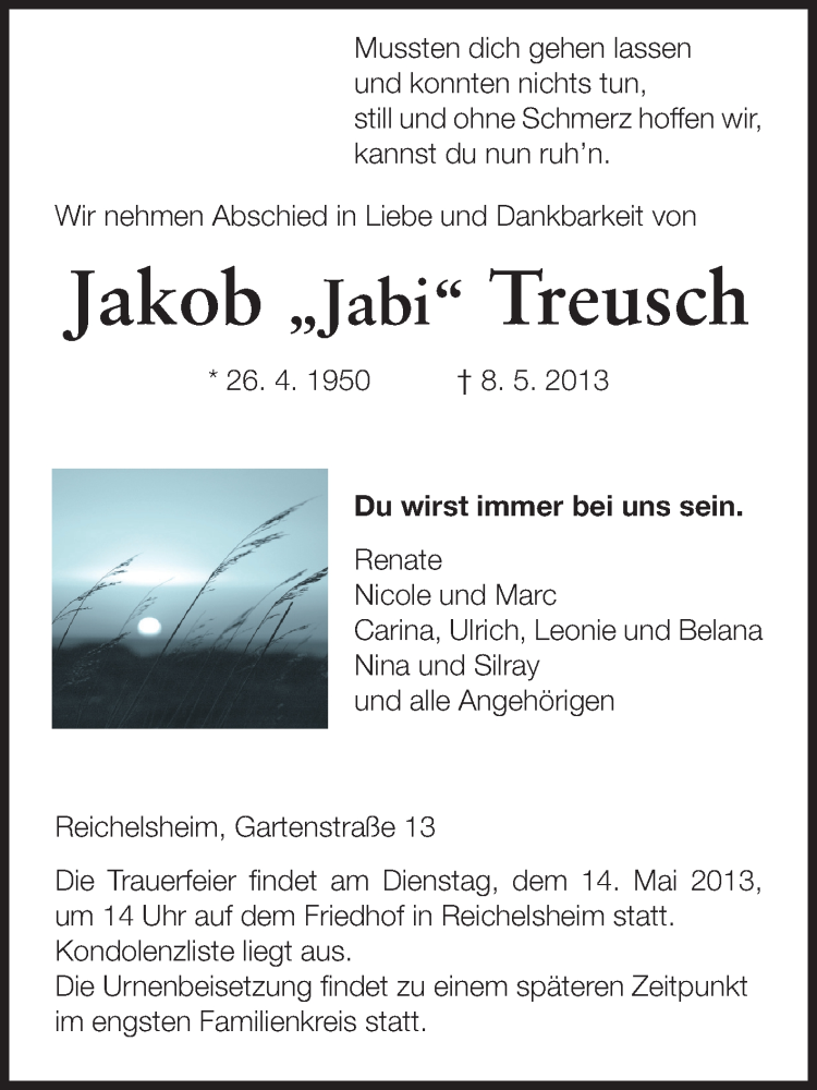  Traueranzeige für Jakob Treusch vom 11.05.2013 aus Odenwälder Echo