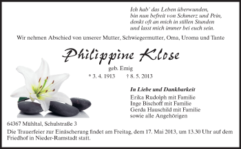 Traueranzeige von Philippine Klose von Echo-Zeitungen (Gesamtausgabe)
