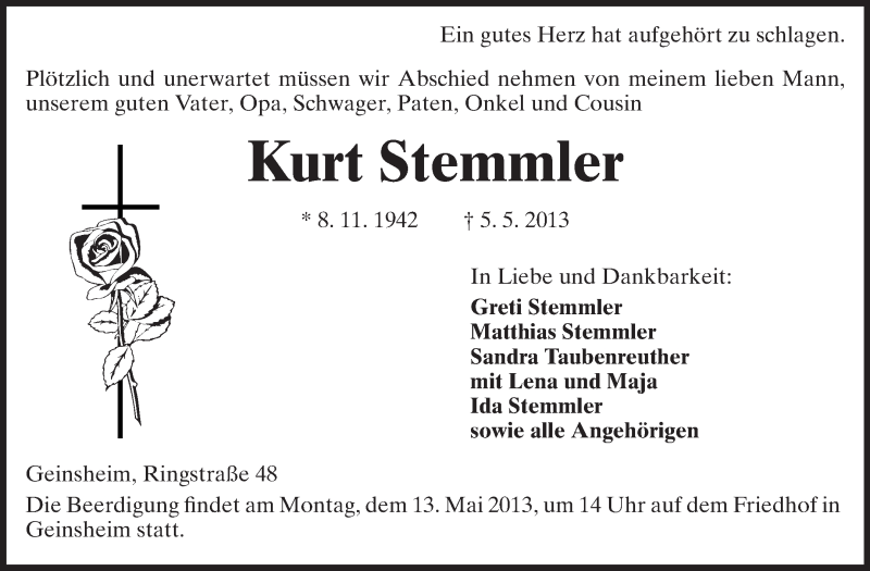  Traueranzeige für Kurt Stemmler vom 10.05.2013 aus Rüsselsheimer Echo, Groß-Gerauer-Echo, Ried Echo