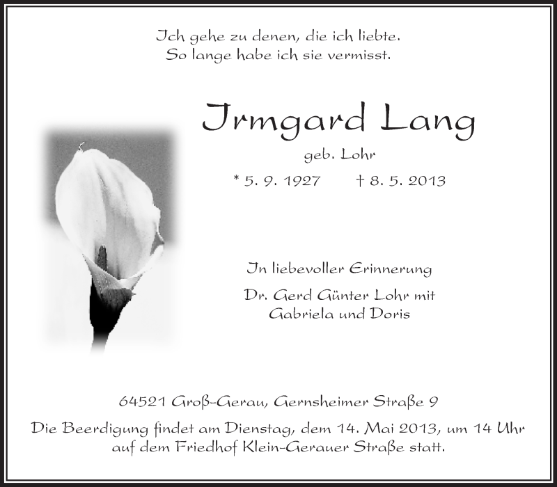  Traueranzeige für Irmgard Lang vom 11.05.2013 aus Rüsselsheimer Echo, Groß-Gerauer-Echo, Ried Echo