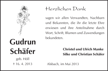 Traueranzeige von Gudrun Schäfer von Echo-Zeitungen (Gesamtausgabe)