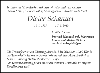 Traueranzeige von Dieter Schanuel von Rüsselsheimer Echo, Groß-Gerauer-Echo, Ried Echo