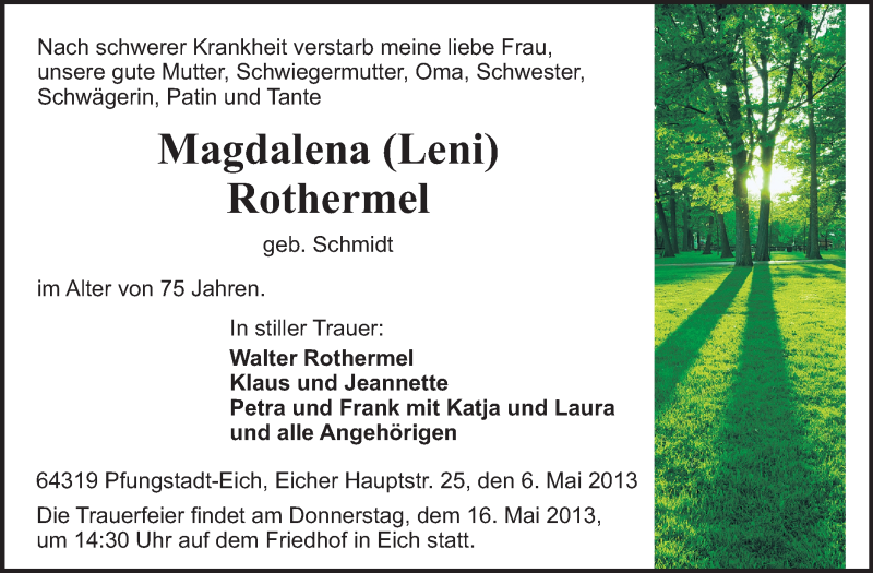  Traueranzeige für Magdalena Rothermel vom 11.05.2013 aus Echo-Zeitungen (Gesamtausgabe)