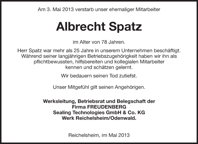  Traueranzeige für Albrecht Spatz vom 14.05.2013 aus Odenwälder Echo