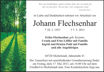 Traueranzeige von Johann Flechsenhar von Odenwälder Echo