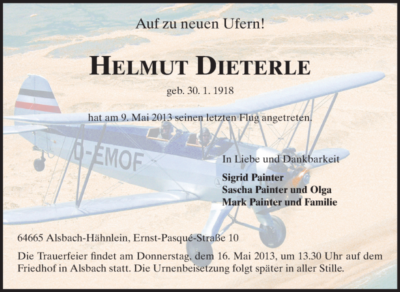  Traueranzeige für Helmut Dieterle vom 11.05.2013 aus Echo-Zeitungen (Gesamtausgabe)