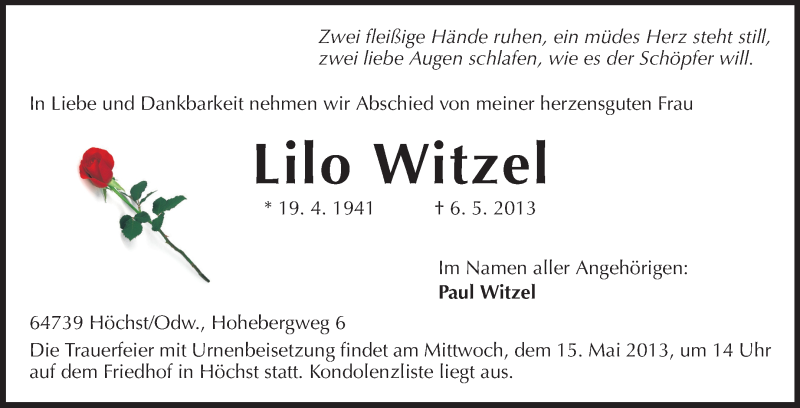  Traueranzeige für Lilo Witzel vom 13.05.2013 aus Odenwälder Echo