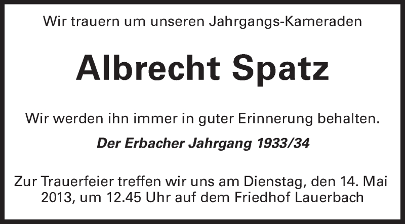  Traueranzeige für Albrecht Spatz vom 11.05.2013 aus Odenwälder Echo