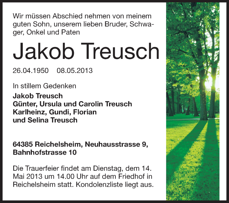  Traueranzeige für Jakob Treusch vom 13.05.2013 aus Odenwälder Echo