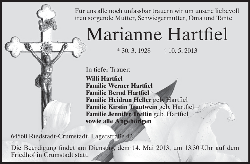  Traueranzeige für Marianne Hartfiel vom 13.05.2013 aus Rüsselsheimer Echo, Groß-Gerauer-Echo, Ried Echo